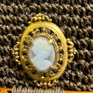 Hand carved shell lady cameo pin, accent signed Florenza collar pin